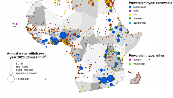 Africa map showing energy production plants by fuel and capacity